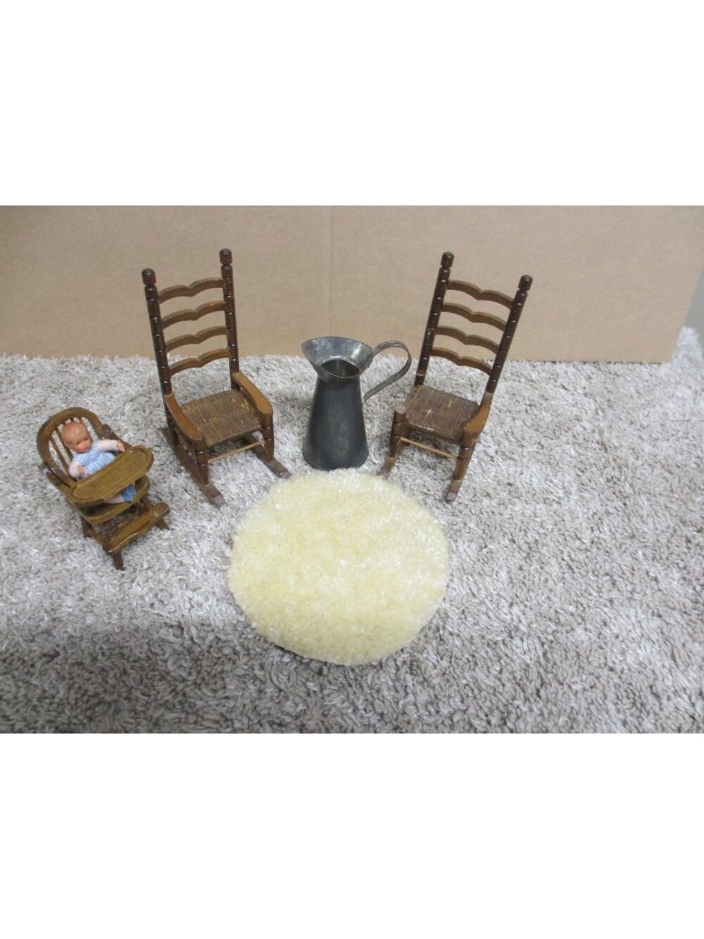 Miniature Rustic Dollhouse Furniture Set With 2 Ladder Back Chairs Rocking Cradl